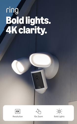 Ring Floodlight Cam Pro, Wired (newest model), Home or business security, Retinal 4K with wide-angle video, 10x Enhanced Zoom, and 2000 Lumen Floodlights, White