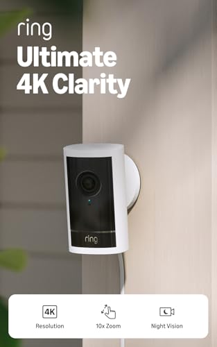 Ring Outdoor Cam Pro, Plug-In (newest model), Home or business security, Retinal 4K with wide-angle video, 10x Enhanced Zoom, and Low-Light Sight, White