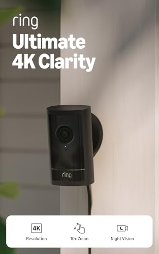 Ring Outdoor Cam Pro, Plug-In (newest model), Home or business security, Retinal 4K with wide-angle video, 10x Enhanced Zoom, and Low-Light Sight, Black