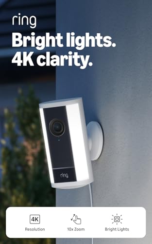 Ring Spotlight Cam Pro, Plug-in (newest model), Home or business security, Retinal 4K with wide-angle video, 10x Enhanced Zoom, and 600 Lumen Spotlights, White