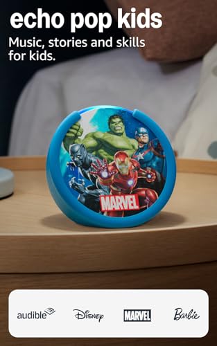 Amazon Echo Pop Kids (newest model), Enjoy age-appropriate audiobooks, interactive games and Alexa+ experiences to create and learn, Marvel's Avengers design