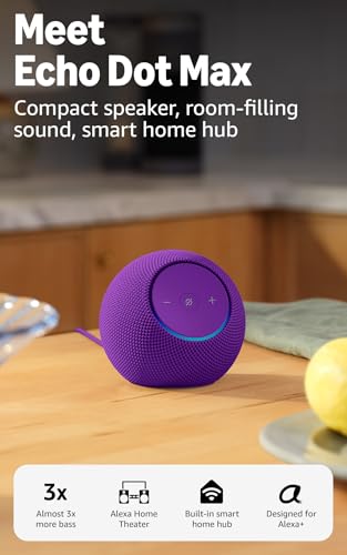 Amazon Echo Dot Max (newest model), Alexa speaker with room-filling sound and nearly 3x bass, Great for living rooms and medium-sized spaces, Designed for Alexa+, Amethyst