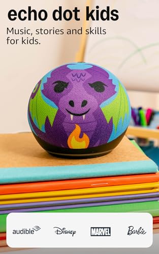 Amazon Echo Dot Kids (newest model), Smart speaker to enjoy age-appropriate audiobooks, interactive games and Alexa+ experiences to create and learn, Dragon design
