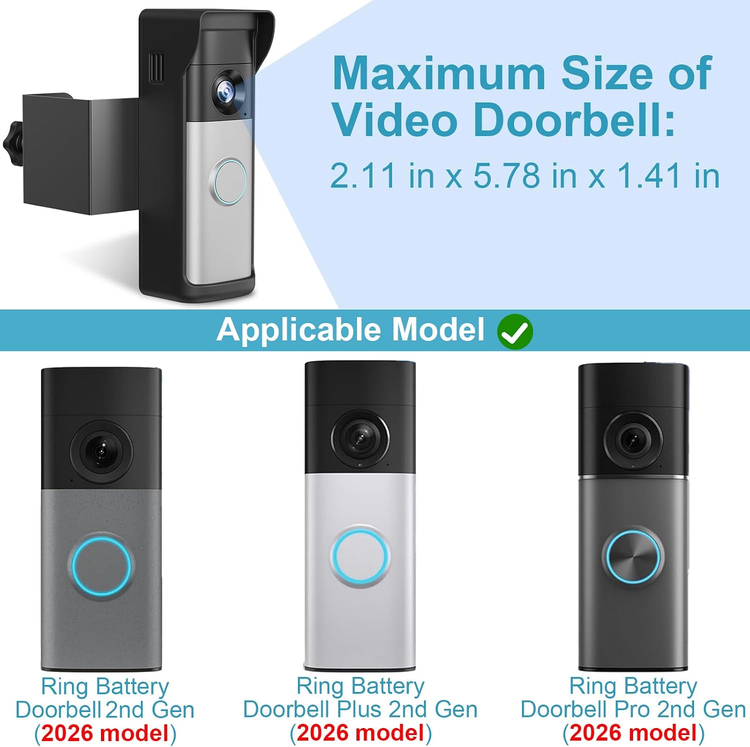 2026 Upgrade Anti-Theft Video Doorbell Mount for Ring Newest Battery Doorbell/Plus/Pro(2nd Gen), Adjustable No-Drill Mounting Video Camera Doorbell Cover Holder for Home Rentals, Not for Security Door